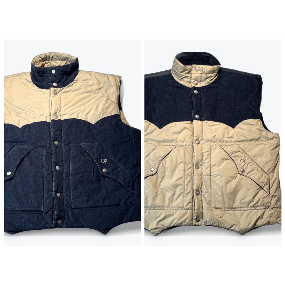Vintage Ocean Pacific Vest Reversible Puffer Corduroy Nylon Navy Tan Western XL